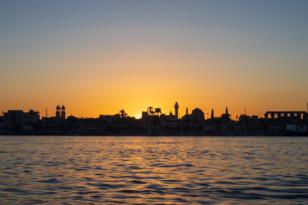 luxor, sunrise, egypt, city, nature, skyline, temple, water, nile, river, shadows